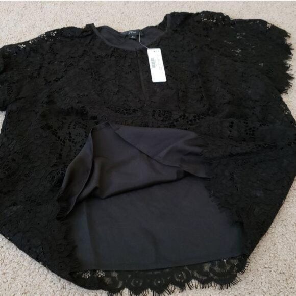 J. Crew Short Sleeve Lace Top Black Size Small Round Neckline Pull On Styling - Picture 5 of 7